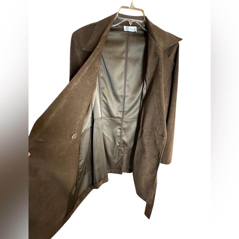 Chocolate Brown Faux Suede Tie Waist & Button Coat with Pockets - Picture 3 of 10